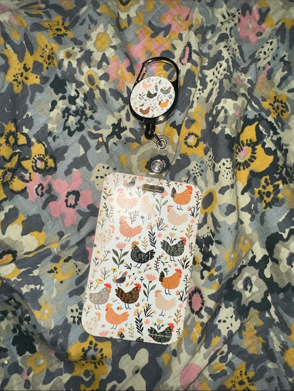 Floral Chicken ID Badge Holder with Matching Reel — White, Orange, Black, Pink